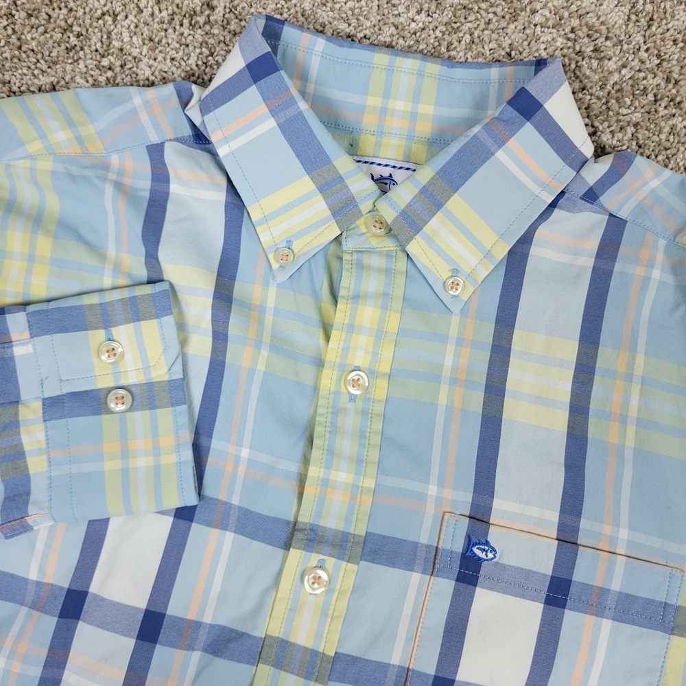 Southern Tide Performance Mens Medium Blue Plaid Stretch Button Down LS